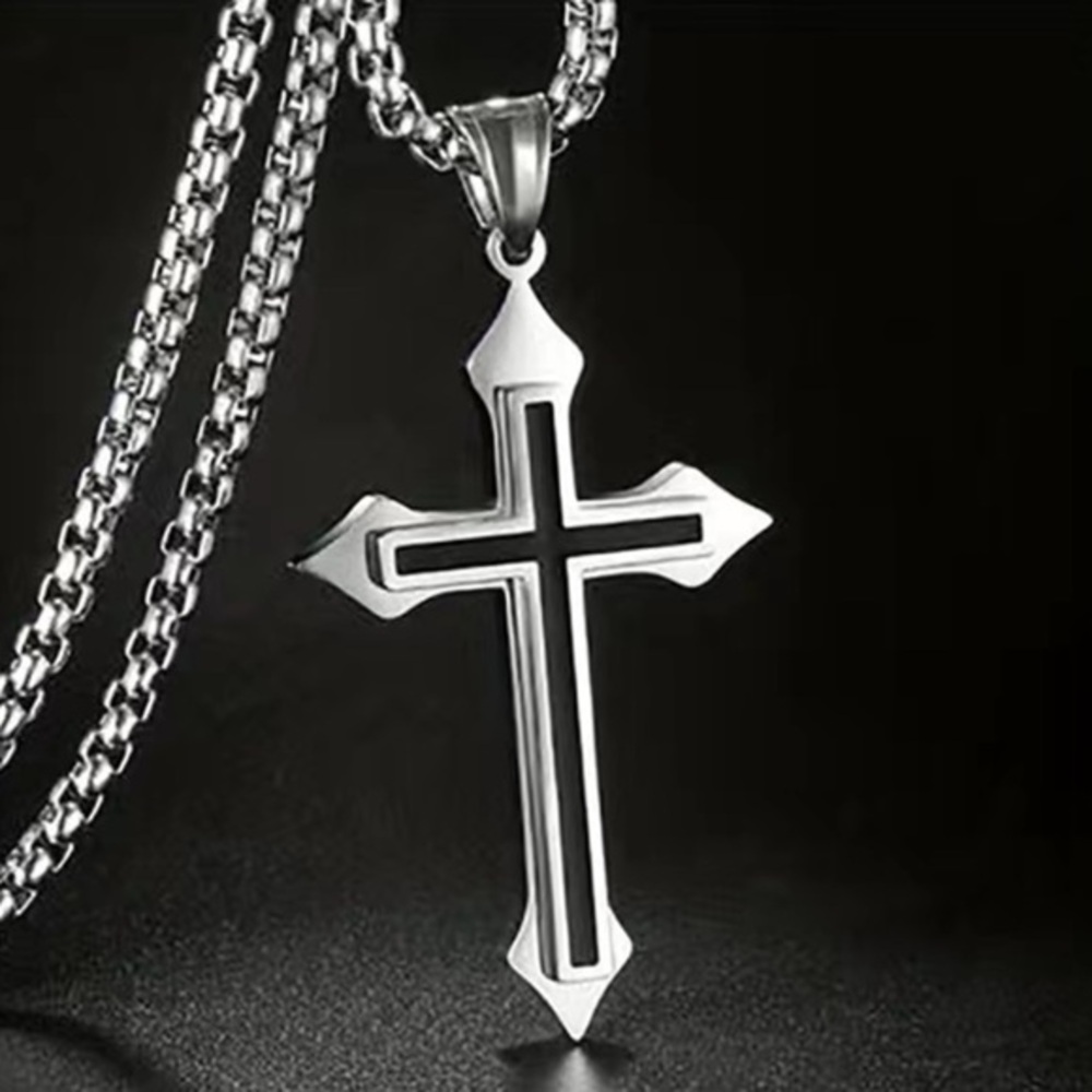New! Beautiful Unisex Black Silver Cross Necklace Pendant 23.6”